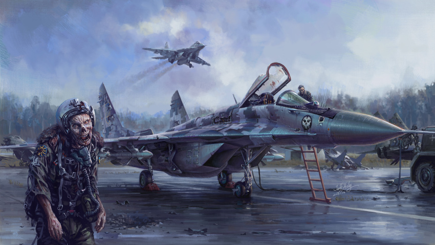 2boys, absurdres, air-to-air_missile, aircraft, airplane, black_sun_(symbol), blood, camouflage, cloud, contrail, damaged, fighter_jet, flight_suit, flying, forest, ghost_of_kyiv, ghost_print, helmet, highres, injury, jeffholy, jumpsuit, mig-29, military_vehicle, missile, multiple_boys, nature, nazi, oxygen_mask, pilot, pilot_suit, pine_tree, pun, r-27_vympel, realistic, reichsadler, roundel, russo-ukrainian_war, siegrunen, ss_insignia, torn_clothes, tree, ukraine, ukrainian_air_force, zombie