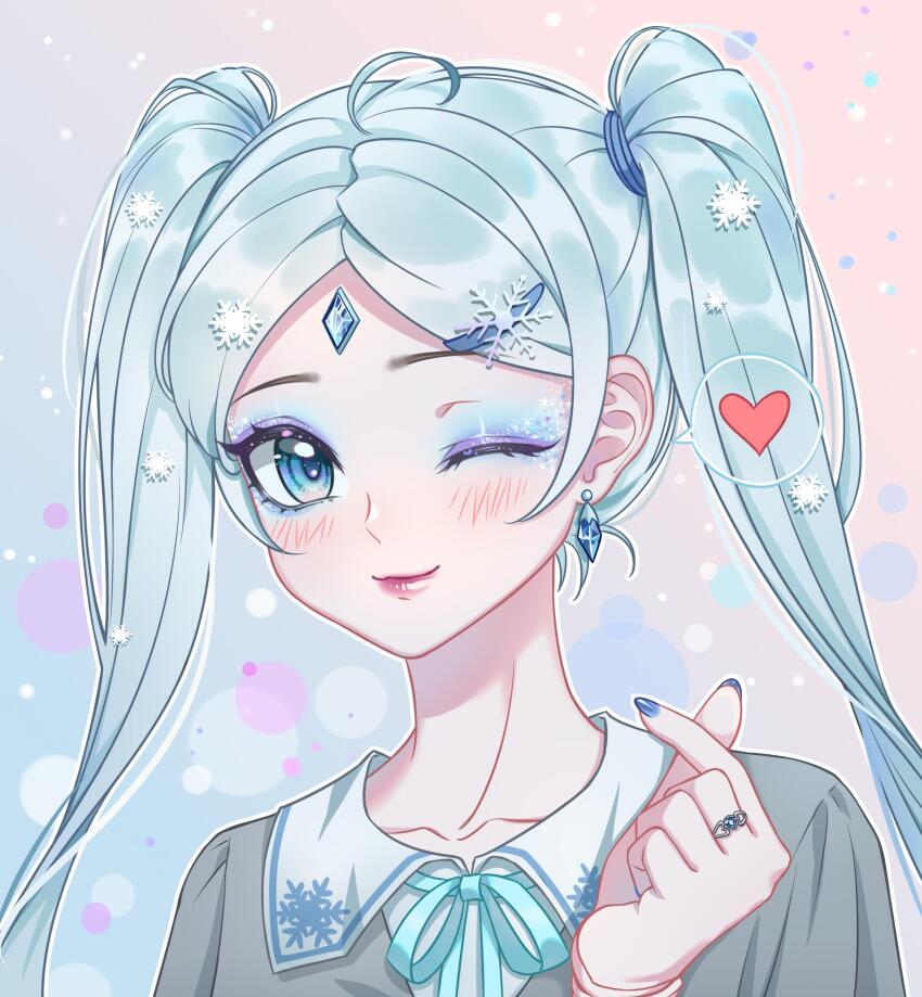 1girl, ;), absurdres, ahoge, aqua_hair, blue_background, blue_eyes, blue_eyeshadow