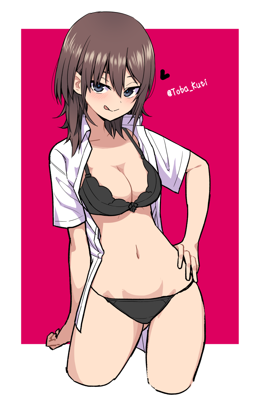 1girl, :q, alice_gear_aegis, black_bra, black_panties, blue_eyes, blush, bra, breasts, brown_hair, cleavage, commentary_request, cropped_legs, hair_between_eyes, hand_on_own_hip, highres, kurogane_yuuto, looking_at_viewer, medium_breasts, open_clothes, open_shirt, panties, red_background, shirt, short_hair, solo, standing, thighs, toba_kuti, tongue, tongue_out, twitter_username, two-tone_background, underwear, white_background, white_shirt