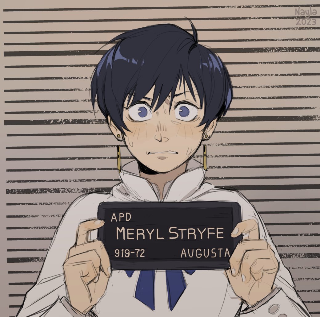 1girl, barbie_mugshot_(meme), black_hair, blue_eyes, earrings, frown, grey_background, hands_up