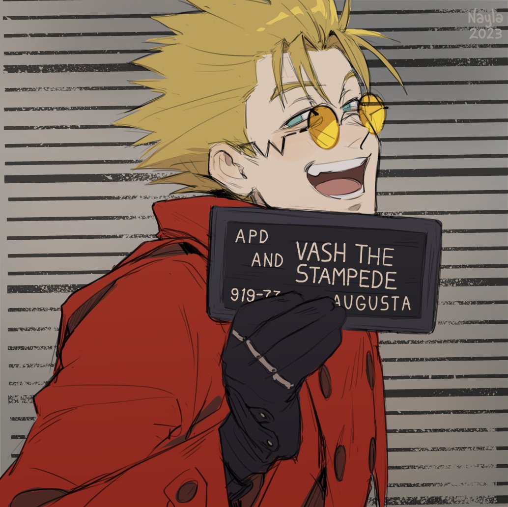 1boy, barbie_mugshot_(meme), black_gloves, blonde_hair, blue_eyes, glasses, gloves, grey_background