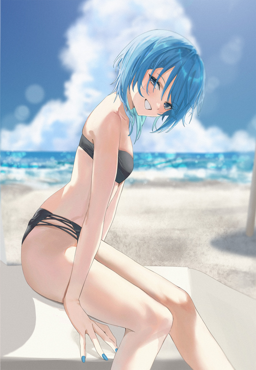 1girl, aqua_hair, beach, bikini, black_bikini, blue_eyes, blue_hair, blue_nails