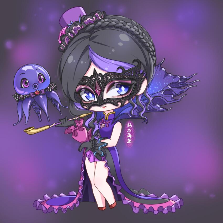 1girl, artist_name, black_gloves, black_hair, black_mask, braid, chibi, crown_braid