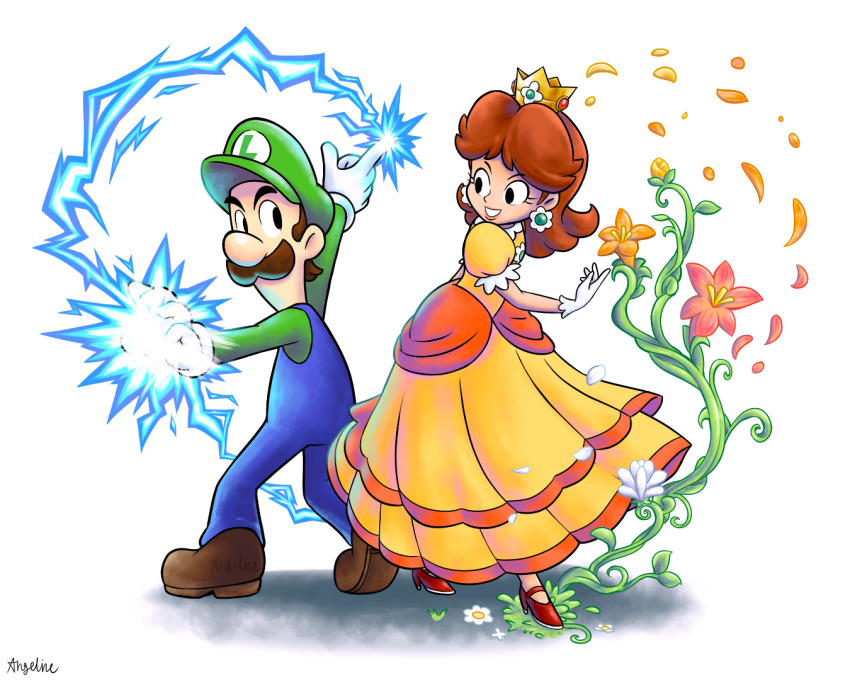 1boy, 1girl, artist_name, artycomicfangirl, blue_overalls, boots, brown_footwear, brown_hair, crown, dress, earrings, facial_hair, flower, flower_earrings, gloves, green_headwear, green_shirt, hat, high_heels, jewelry, lightning, luigi, magic, mario_&amp;_luigi:_superstar_saga, mario_&amp;_luigi_rpg, mario_(series), masanori_sato_(style), medium_hair, mustache, nintendo, orange_dress, orange_flower, overalls, petals, princess_daisy, puffy_short_sleeves, puffy_sleeves, shirt, short_hair, short_sleeves, signature, simple_background, super_mario_land, white_background, white_flower, white_gloves