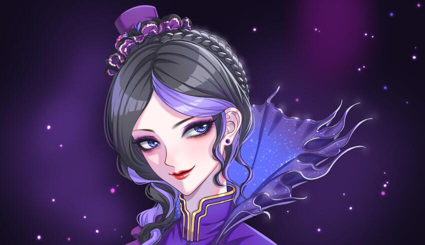1girl, black_hair, braid, crown_braid, curly_hair, dark_background, dress, du_xifei, eyeshadow, hat, head_tilt, high_collar, highres, kumu_zaisheng, light_particles, long_hair, looking_to_the_side, makeup, mini_hat, multicolored_hair, parted_bangs, portrait, purple_dress, purple_eyes, purple_eyeshadow, purple_hair, purple_hat, red_lips, smile, solo, streaked_hair, ye_luoli