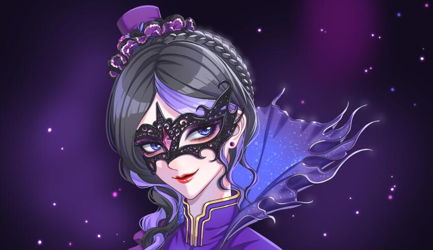 1girl, black_hair, black_mask, braid, crown_braid, curly_hair, dark_background, dress