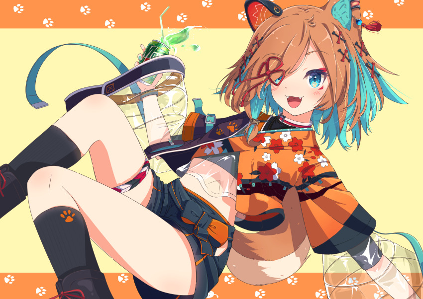 1girl, absurdres, animal_collar, animal_ears, belt, black_footwear, black_shirt, black_shorts, black_socks, blue_belt, blue_eyes, blue_hair, blush, bone_hair_ornament, brown_hair, can, collar, colored_inner_hair, crop_top, cropped_kimono, dog_ears, dog_girl, dog_tail, drink, ear_piercing, eyelashes, fangs, feet_out_of_frame, floral_print, fukurou_(hukurou), hair_ornament, hair_over_one_eye, highres, holding, holding_can, layered_sleeves, liquid, midriff, miyoshino_shiki, mountain_dew, multicolored_hair, open_mouth, paw_print, paw_print_background, piercing, power_symbol, prism_project, prosthetic_ear, see-through_clothes, shirt, shorts, socks, symbol_in_eye, tail, virtual_youtuber