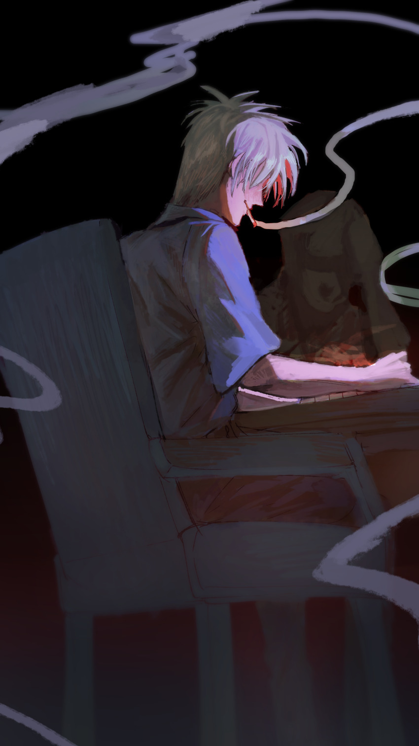 2boys, absurdres, akagi:_yami_ni_oritatta_tensai, akagi_shigeru, black_background, black_pants, blue_shirt, chair