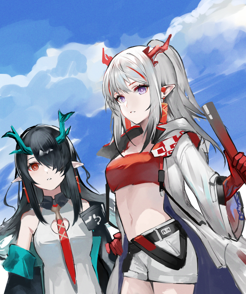 2girls, absurdres, arknights, bandana, blue_sky, breasts, bright_pupils, china_dress