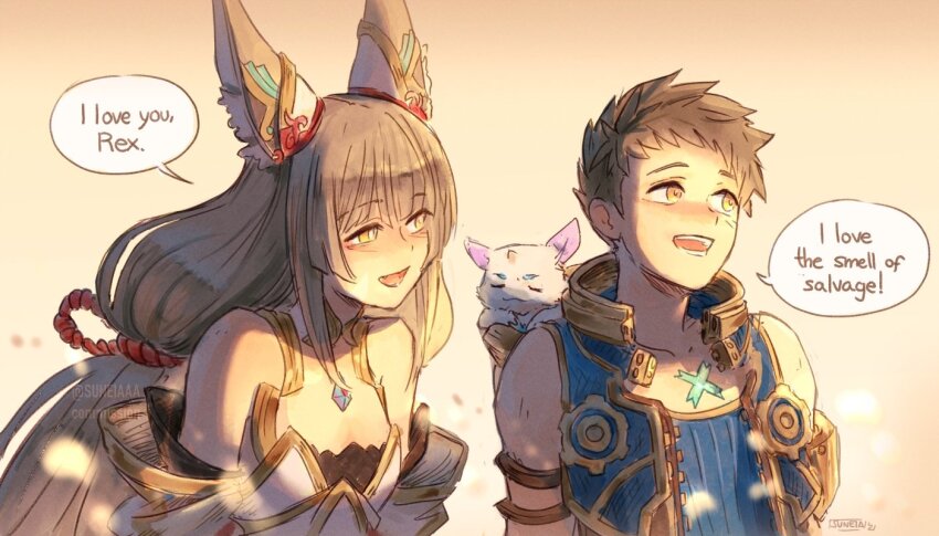 1boy, 1girl, :d, animal_ears, azurda_(xenoblade), bare_shoulders, blue_jacket, brown_hair