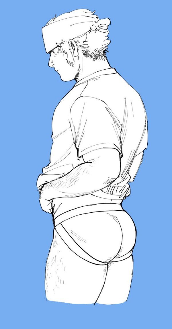 1boy, ainu_clothes, anal_hair, arm_hair, ass, bara, blue_background, clothes_lift