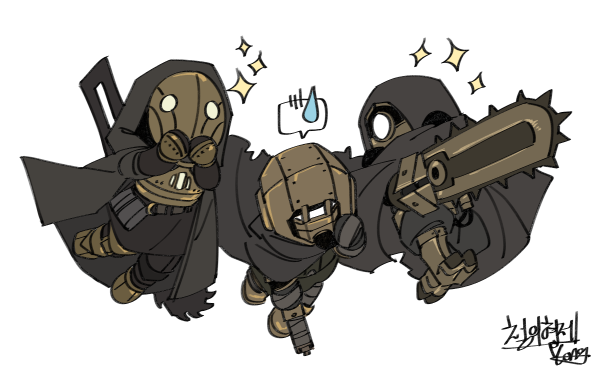 3others, arnold_(project_moon), black_cape, black_gloves, black_tunic, boots, cape, chainsaw