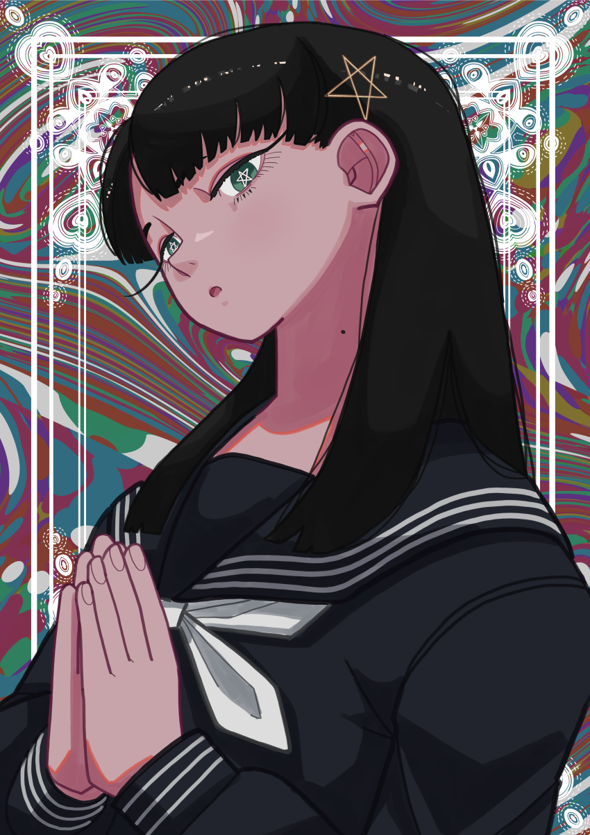 1girl, :o, abstract_background, absurdres, black_hair, black_serafuku, commentary_request, framed