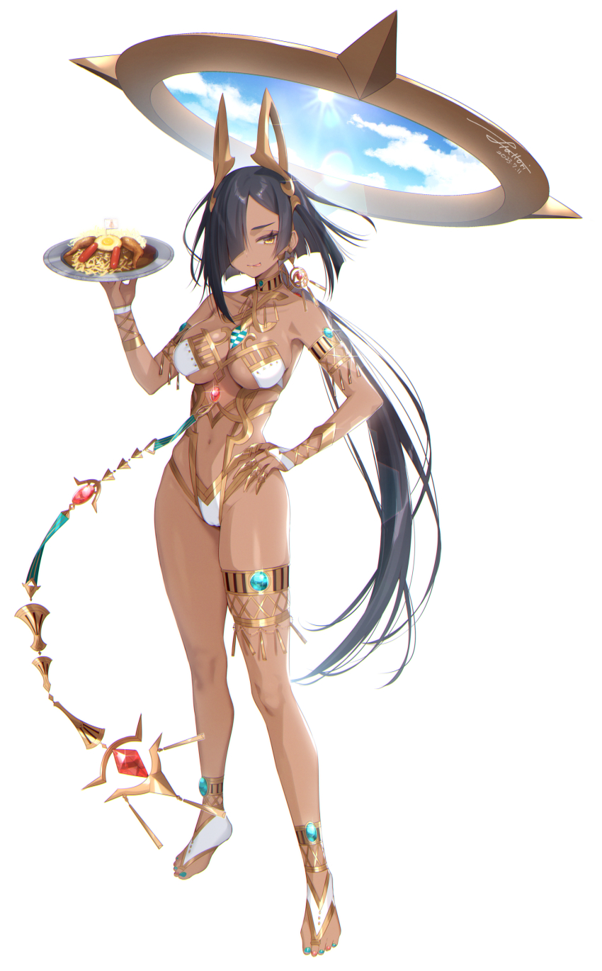 1girl, :p, absurdres, ancient_egyptian, anklet, aqua_gem, armlet, bare_shoulders, black_hair, blunt_bangs, breasts, cloud, cloudy_sky, collarbone, commentary, dark-skinned_female, dark_skin, dated, earrings, egg, floating, floating_object, food, food_request, full_body, gem, gold_trim, groin, hair_over_one_eye, hand_on_own_hip, hand_up, hattori_masaki, headgear, highres, holding, holding_plate, horteus_(sennen_sensou_aigis), jewelry, lens_flare, light_rays, long_hair, looking_at_viewer, meat, medium_breasts, mini_flag, multicolored_nails, navel, no_shoes, parted_lips, plate, red_gem, sennen_sensou_aigis, shiny_skin, signature, simple_background, single_bare_leg, single_earring, sky, solo, standing, sunlight, swimsuit, untranslatable_commentary, thighlet, tongue, tongue_out, very_long_hair, white_background, yellow_eyes