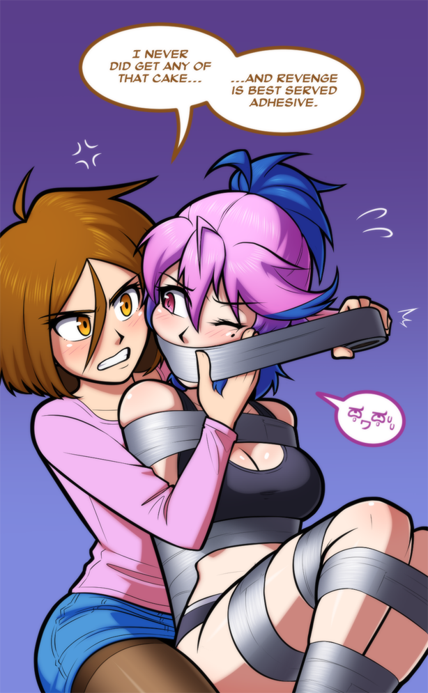 2girls, anger_vein, bare_shoulders, bdsm, blush, bondage, bound, bound_legs, breasts, brown_hair, cleavage, commission, denim, denim_skirt, english_text, femdom, gag, gagged, glaring, improvised_gag, kidnapping, leuedai_(magnolia-baillon), looking_at_another, magnolia-baillon, medium_breasts, mole, mole_under_eye, multicolored_hair, multiple_girls, missing_headwear, original, purple_background, second-party_source, skirt, speech_bubble, tape, tape_bondage, tape_gag, tied_up_(nonsexual), two-tone_hair, yellow_eyes, yuri
