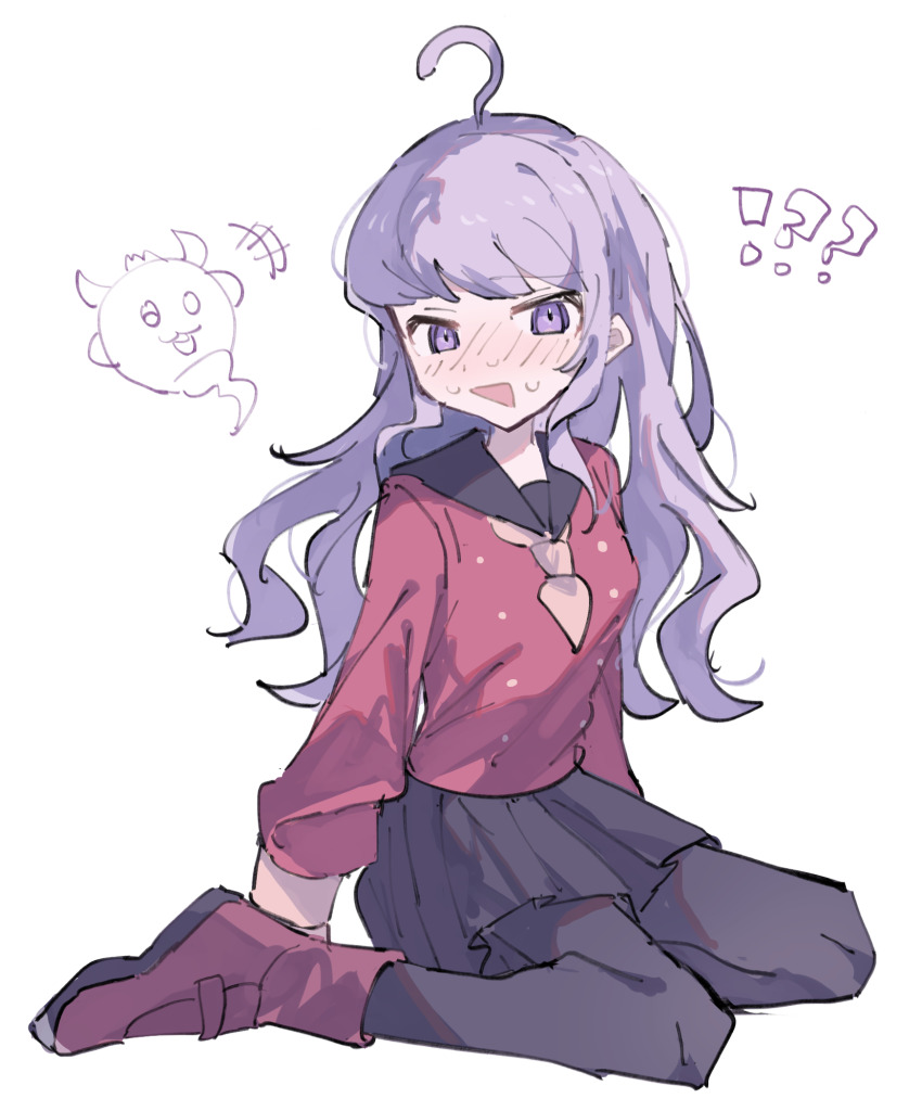 !?, 1boy, ahoge, black_pantyhose, black_sailor_collar, black_skirt, boots, commentary_request, crossdressing, crossdressing_(mtf), embarrassed, full_body, ghost, highres, hwr33m, long_hair, long_sleeves, looking_at_viewer, male_focus, master_detective_archives:_rain_code, neckerchief, open_mouth, pantyhose, pleated_skirt, purple_eyes, purple_hair, red_boots, red_shirt, sailor_collar, school_uniform, serafuku, shinigami_(ghost)_(rain_code), shinigami_(rain_code), shirt, simple_background, sitting, skirt, smile, solo, spoilers, surprised, sweatdrop, trap, wariza, white_background, yellow_neckerchief, yuma_kokohead