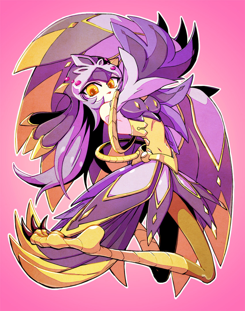 1girl, arms_up, duel_monster, feathered_wings, full_body, gradient_background, harpy, helmet, highres, legs_up, long_hair, lyrilusc_-_promenade_thrush, monster_girl, orange_eyes, pink_background, purple_hair, skirt, solo, winged_arms, wings, yu-gi-oh!, yukitaka_(zzzzz)