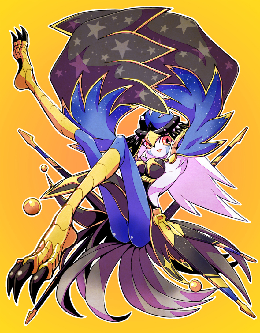 1girl, arms_up, breasts, duel_monster, full_body, gradient_background, harpy, highres, legs_up, long_hair, lyrilusc_-_recital_starling, medium_breasts, monster_girl, open_mouth, pink_hair, red_eyes, skirt, solo, winged_arms, wings, yellow_background, yu-gi-oh!, yukitaka_(zzzzz)