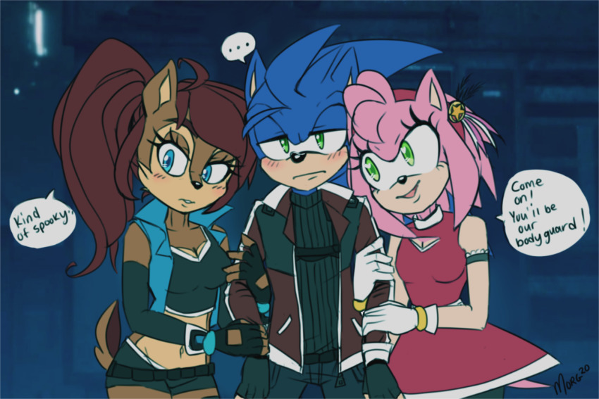 ..., 1boy, 2girls, amy_rose, black_shirt, blue_eyes, blue_hair, blue_jacket, blush, breasts, brown_hair, cleavage, cleavage_cutout, clothing_cutout, dress, embarrassed, english_text, fingerless_gloves, furry, gloves, green_eyes, jacket, long_hair, medium_breasts, mightymorg, multiple_girls, pink_hair, red_dress, red_hair, red_jacket, sally_acorn, shirt, short_hair, smile, sonic_(series), sonic_the_hedgehog, sonic_the_hedgehog_(archie_comics)
