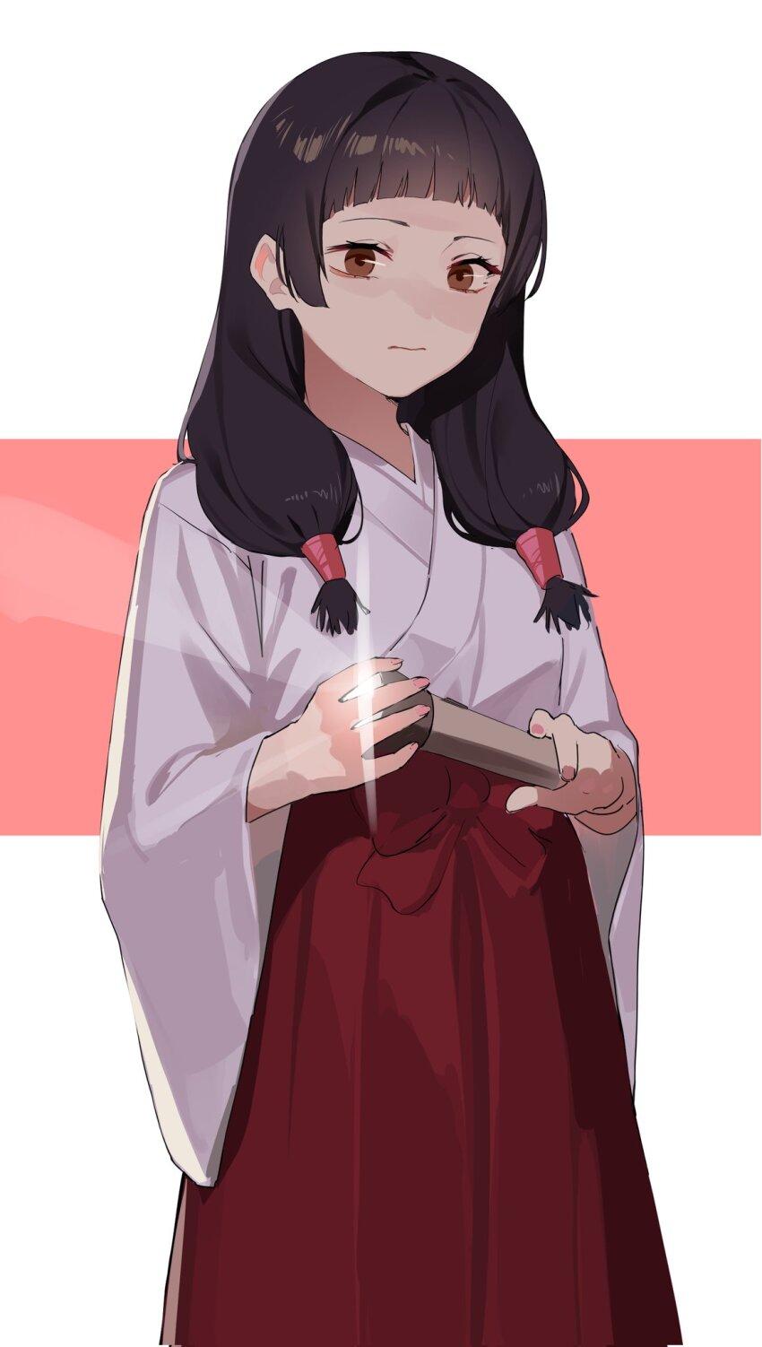 1girl, black_hair, brown_eyes, closed_mouth, corrupted_twitter_file, ericx_gasi, feet_out_of_frame, flashlight, highres, holding, holding_flashlight, iori_utahime, japanese_clothes, jujutsu_kaisen, long_hair, long_sleeves, miko, solo, standing