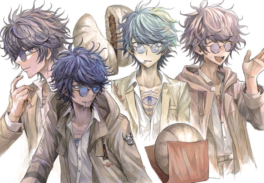 1boy, :d, steamed_bun, blue-tinted_eyewear, blue_eyes, blue_hair, chest_tattoo, cigarette