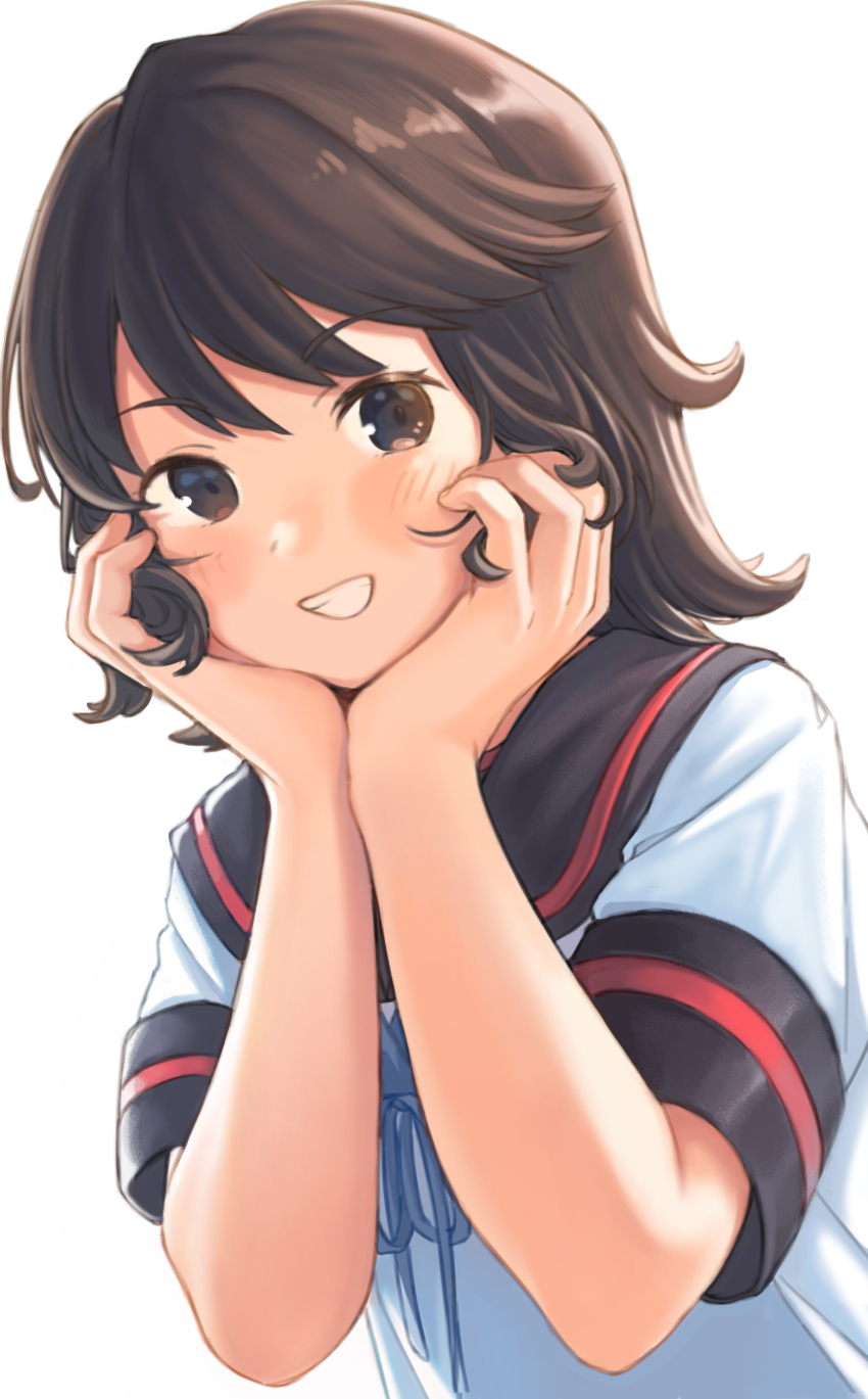 1girl, absurdres, black_sailor_collar, blush, brown_eyes, brown_hair, grin, hair_between_eyes