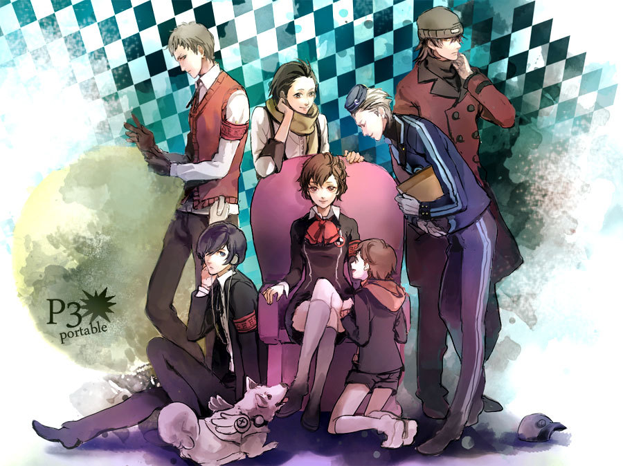 1girl, 6+boys, amada_ken, animal, aragaki_shinjirou, armband, atlus, beanie, black_hair, brown_hair, crossed_legs, mp3_player, dog, grey_hair, hair_over_one_eye, hat, headphones, koromaru_(persona), male_harem, mochizuki_ryouji, multiple_boys, olida_(jambon), persona, persona_3, persona_3_portable, sanada_akihiko, scarf, school_uniform, shiomi_kotone, sitting, smile, suspenders, theodore_(persona), yuuki_makoto_(persona_3)