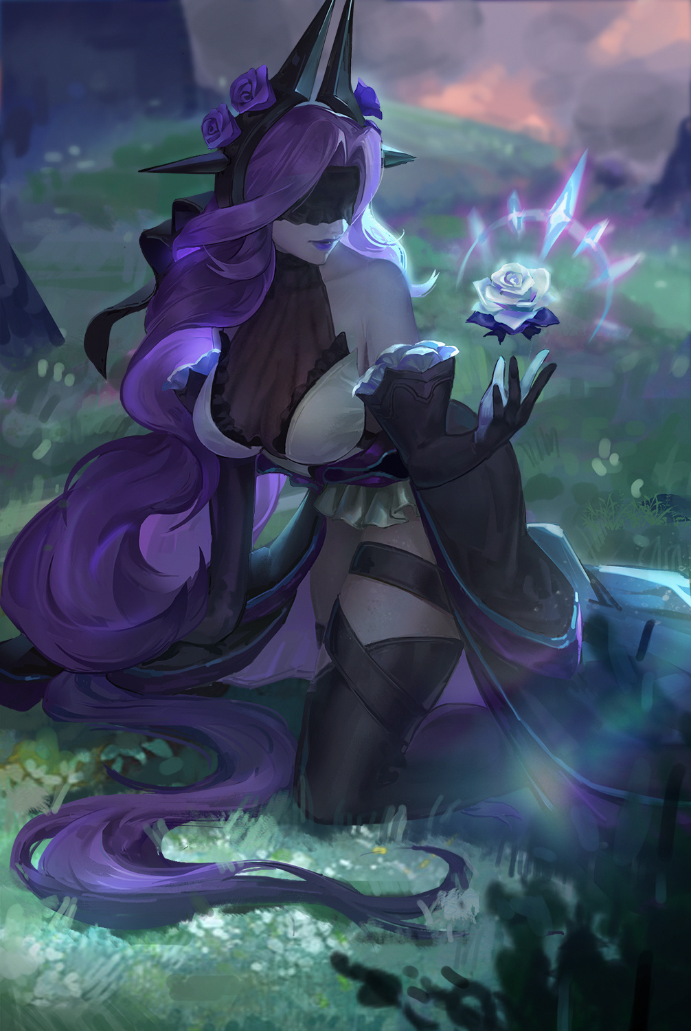 1girl, bare_shoulders, black_dress, black_thighhighs, breasts, cleavage, collarbone, commentary_request, dress, grass, hair_intakes, headgear, highres, kneeling, l+_(colour0816), large_breasts, league_of_legends, long_hair, magic, outdoors, plant, purple_hair, purple_lips, see-through_clothes, solo, syndra, thighhighs, veil_over_eyes, very_long_hair, wavy_hair, withered_rose_syndra