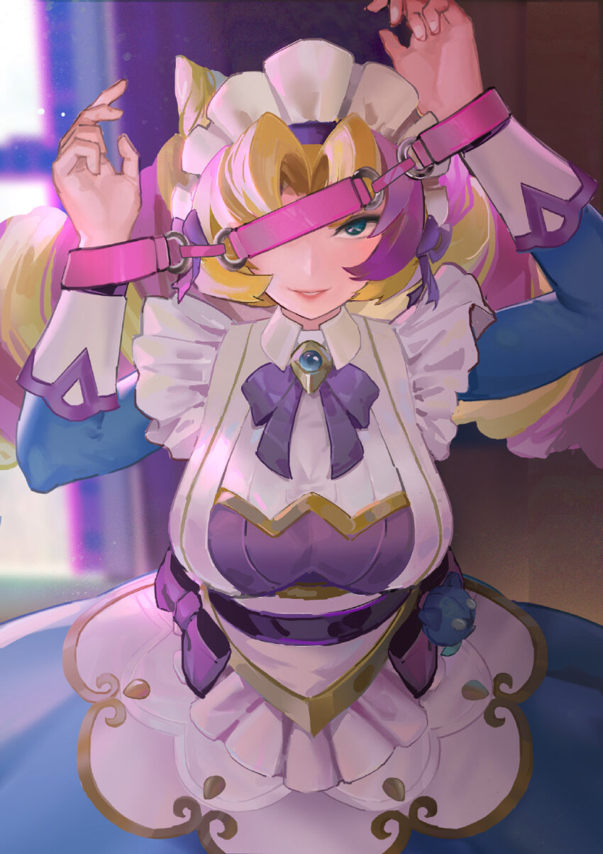 1girl, arms_up, blonde_hair, bow, breasts, cafe_cuties_(league_of_legends), cafe_cuties_gwen, collared_dress, cone_hair_bun, cuffs, dress, drill_hair, gem, gwen_(league_of_legends), hair_bow, hair_bun, handcuffs, highres, indoors, l+_(colour0816), large_breasts, league_of_legends, long_hair, long_sleeves, looking_at_viewer, maid, maid_headdress, multicolored_dress, multicolored_hair, one_eye_covered, parted_bangs, parted_lips, pink_hair, smile, solo, standing, teeth, twin_drills, twintails, two-tone_hair, white_dress, window