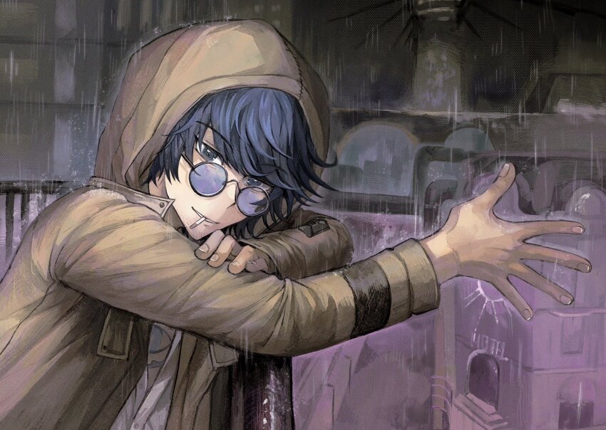 1boy, against_railing, blue-tinted_eyewear, blue_eyes, blue_hair, brown_coat, chest_tattoo, cigarette