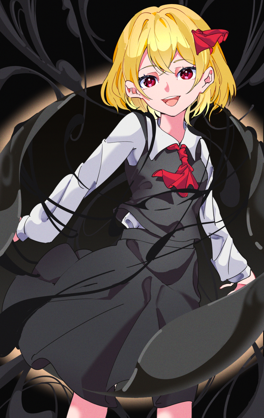 1girl, ascot, black_skirt, black_vest, blonde_hair, collared_shirt, commentary, darkness