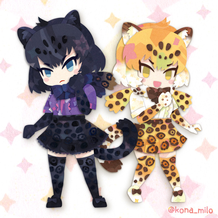 2girls, animal_ears, black_jaguar_(kemono_friends), extra_ears, jaguar_(kemono_friends), jaguar_ears, jaguar_girl, leopard_print