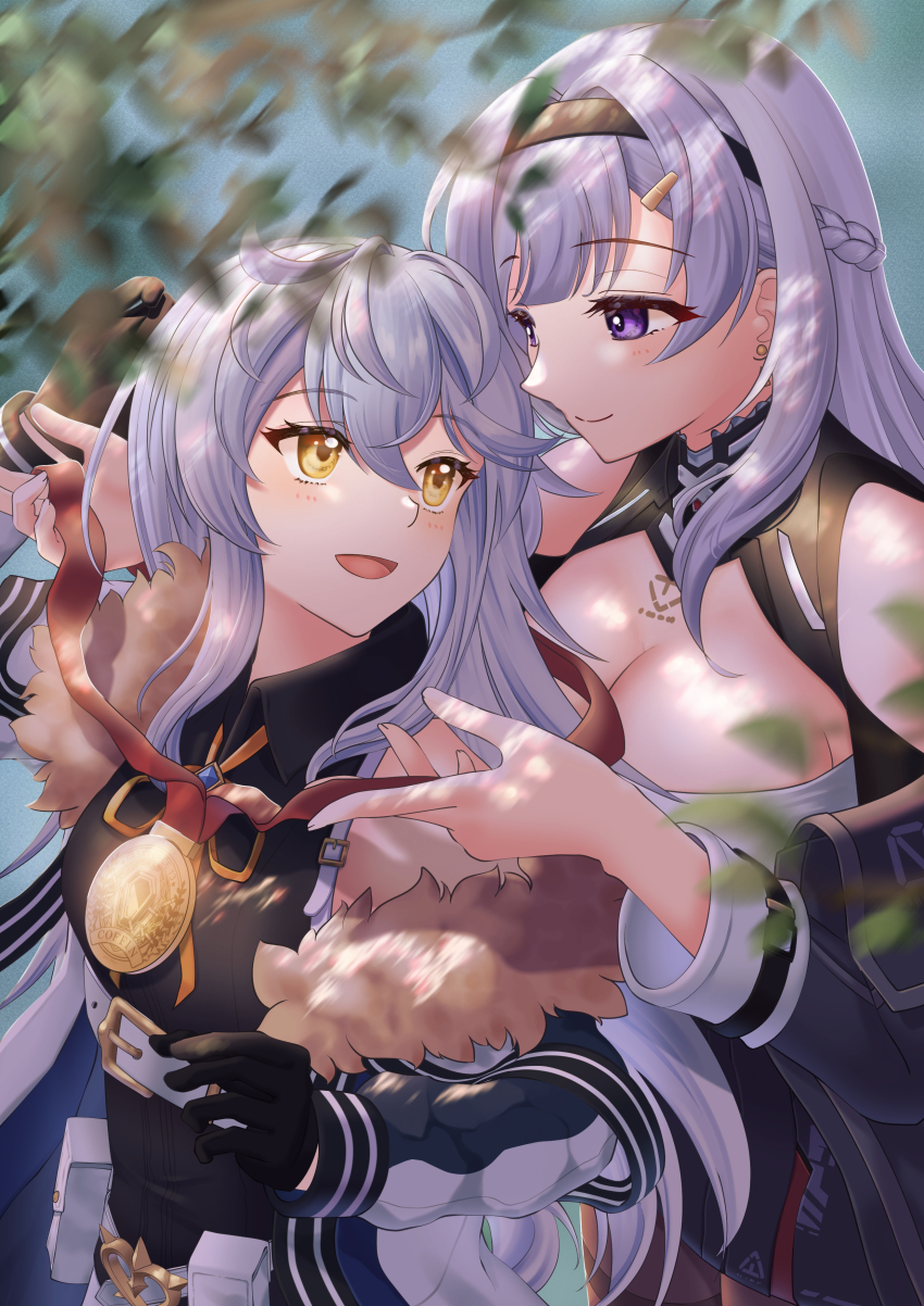 2girls, :d, absurdres, behind_another, belt, belt_buckle, black_gloves, black_hairband