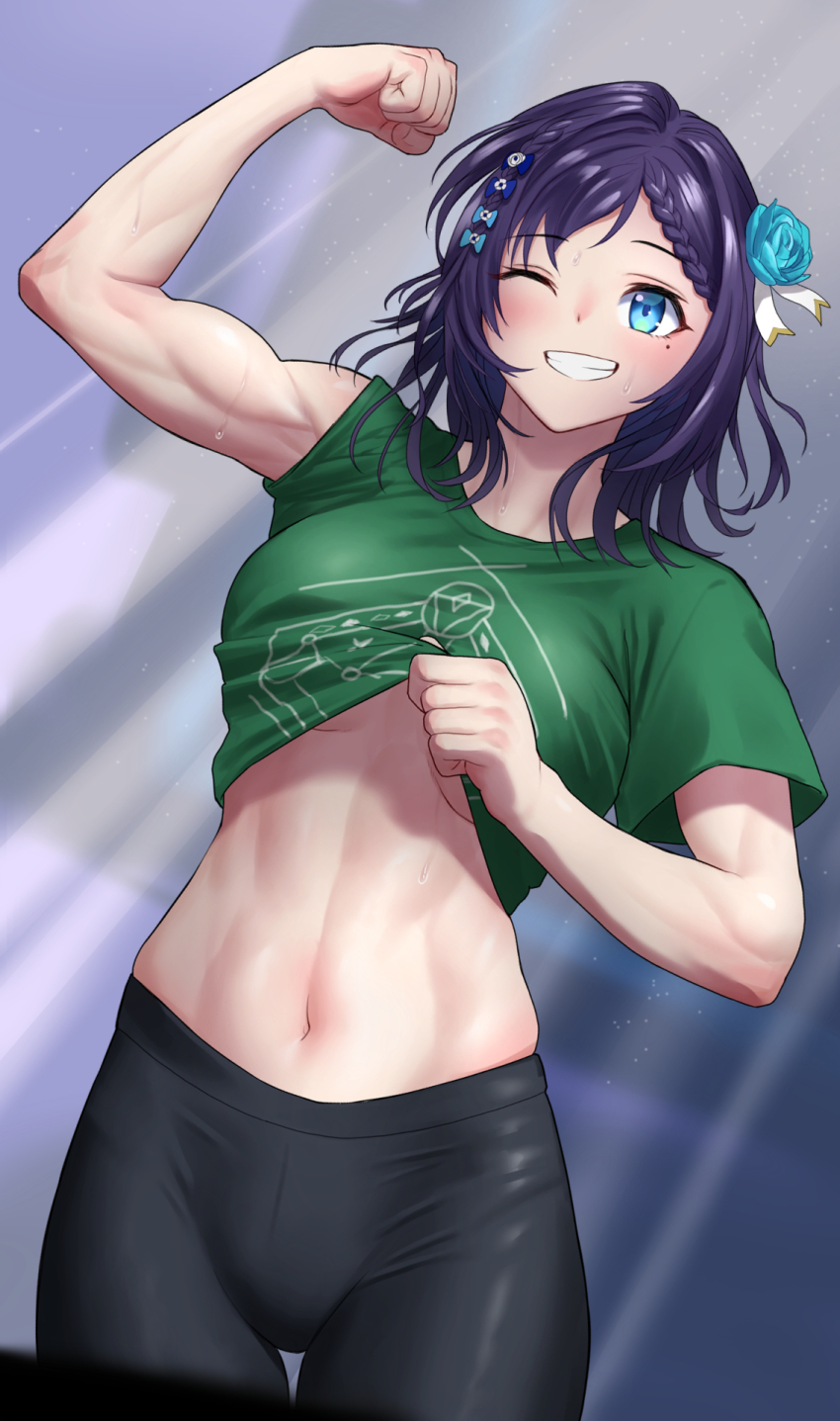 1girl, abs, aiba_uiha, black_pants, blue_bow, blue_eyes, blue_flower, blue_hair, blue_rose, bow, braid, braided_bangs, breasts, clothes_lift, commentary_request, flexing, flower, french_braid, green_shirt, grin, hair_bow, hair_flower, hair_ornament, highres, ike_(pixiv87705047), lifting_own_clothes, looking_at_viewer, medium_breasts, medium_hair, mole, mole_under_eye, muscular, muscular_female, navel, nijisanji, no_bra, one_eye_closed, pants, rose, shirt, shirt_lift, short_sleeves, smile, solo, stomach, sweat, t-shirt, toned, virtual_youtuber, yoga_pants