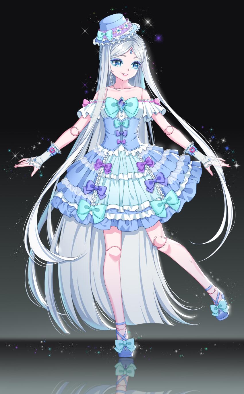 1girl, absurdres, bare_shoulders, black_background, blue_dress, blue_eyes, blue_footwear, blue_headwear