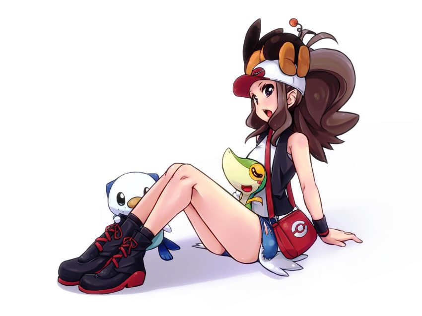 10s, 1girl, bag, baseball_cap, brown_hair, chimosaku, denim, denim_shorts, gen_5_pokemon, handbag, hat, highres, hilda_(pokemon), legs, nintendo, oshawott, pokemon, pokemon_(creature), pokemon_black_and_white, ponytail, shorts, sitting, snivy, starter_pokemon_trio, tepig