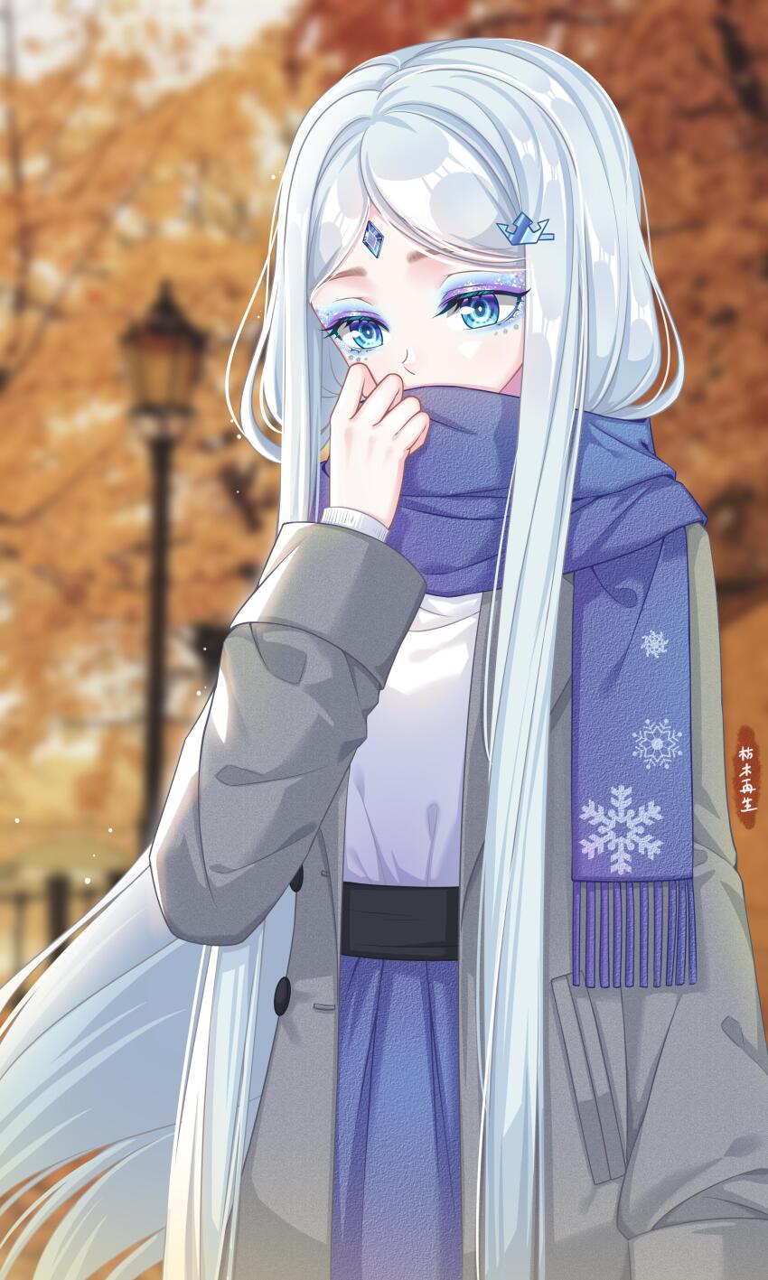 1girl, absurdres, adjusting_scarf, artist_name, autumn, autumn_leaves, blue_eyes, blue_scarf