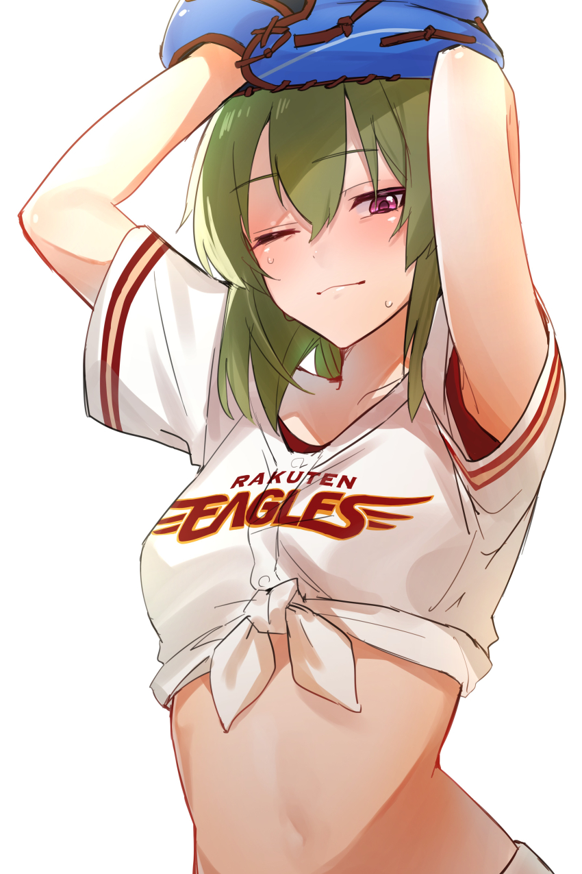 1girl, ;), absurdres, arms_up, baseball_glove, baseball_uniform, blush, breasts
