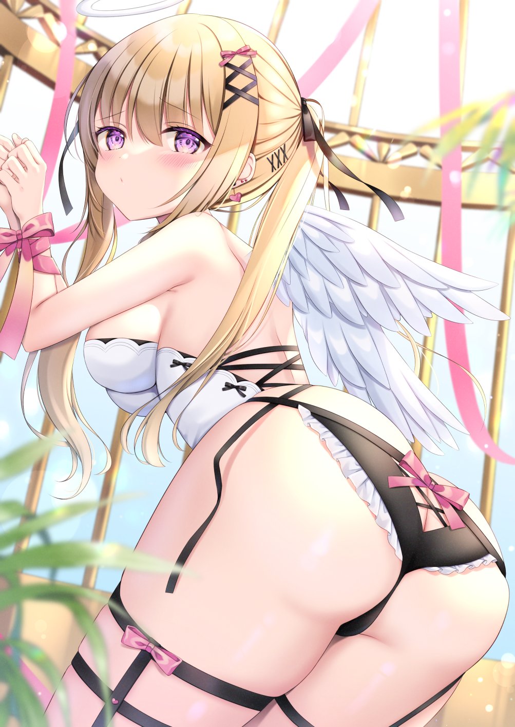 1girl, angel_wings, ass, bdsm, black_panties, blonde_hair, blurry, blurry_background