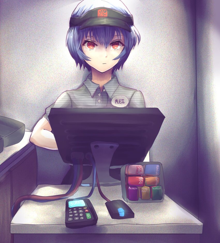 1girl, alternate_costume, ayanami_rei, blue_hair, cash_register, cashier, chick-fil-a, closed_mouth, commentary, counter, english_commentary, expressionless, green_shirt, hair_between_eyes, highres, indoors, looking_at_viewer, monitor, name_tag, neon_genesis_evangelion, pale_skin, polo_shirt, pun, red_eyes, restaurant, shaded_face, shirt, short_hair, short_sleeves, solo, standing, striped_clothes, striped_shirt, sushimassacre, two-tone_shirt, uniform, very_short_hair, visor_cap, white_shirt