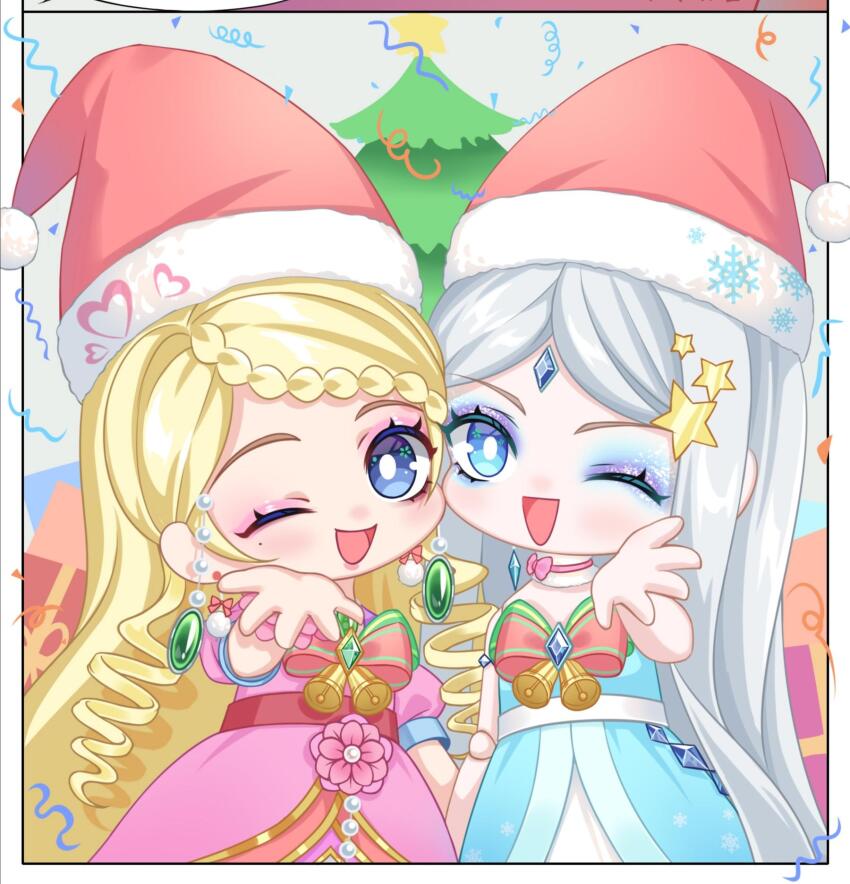 2girls, ;d, blonde_hair, blue_dress, chibi, christmas, confetti, dress