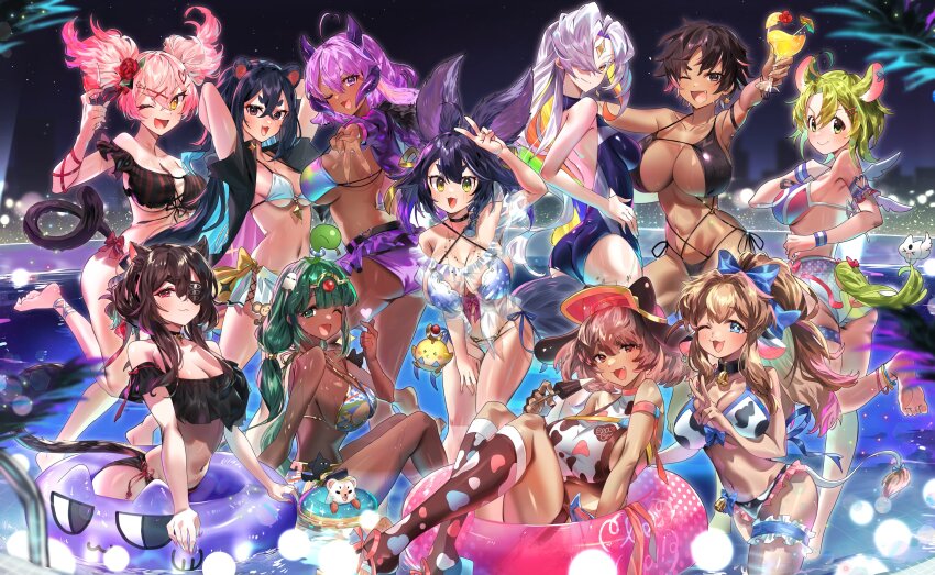 6+girls, :3, absurdres, alcohol, amai_umimaru, amonti_ado_(vtuber), animal_ears, animal_print, ashton_marten_(vtuber), ass, bare_shoulders, bell, bikini, black_bikini, black_hair, blue_bow, blue_eyes, blue_hair, blue_one-piece_swimsuit, blunt_bangs, blush, bon_(vtuber), bow, breasts, brown_hair, cat_ears, cat_girl, cat_tail, ceelio_(vtuber), character_request, check_character, choker, clarabelle_(vtuber), cleavage, closed_mouth, cow_ears, cow_girl, cow_print, cow_tail, cup, dark-skinned_female, dark_skin, drinking_glass, earrings, esper_(vtuber), eyepatch, fang, floating_earrings, food, freckles, frilled_thigh_strap, green_eyes, green_hair, grey_eyes, grey_hair, hair_bow, hair_ornament, hair_over_one_eye, hairclip, hakoneko_(marisa19899200), highres, holding, holding_cup, holding_food, holding_popsicle, indie_virtual_youtuber, innertube, jewelry, large_breasts, long_hair, looking_at_viewer, mae_hayami, medium_breasts, mouse_ears, mouse_girl, mouse_tail, multicolored_hair, multiple_girls, navel, nebu_(vtuber), neck_bell, nuya_(vtuber), one-piece_swimsuit, one_eye_closed, open_mouth, orange_hair, parted_bangs, pink_hair, ponytail, popsicle, purple_bikini, purple_eyes, purple_hair, purple_nails, red_eyes, second-party_source, short_hair, short_twintails, smile, souly_(vtuber), swim_ring, swimsuit, tail, thick_eyebrows, thigh_strap, twintails, underboob, v, virtual_youtuber, white_bikini, wine, wine_glass, x_hair_ornament, yellow_eyes