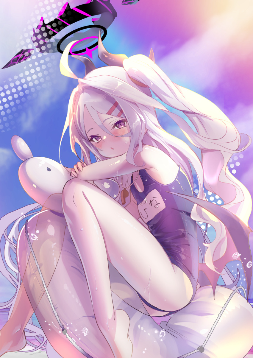 1girl, afloat, ahoge, ass, barefoot, blue_archive, blue_sky, blurry