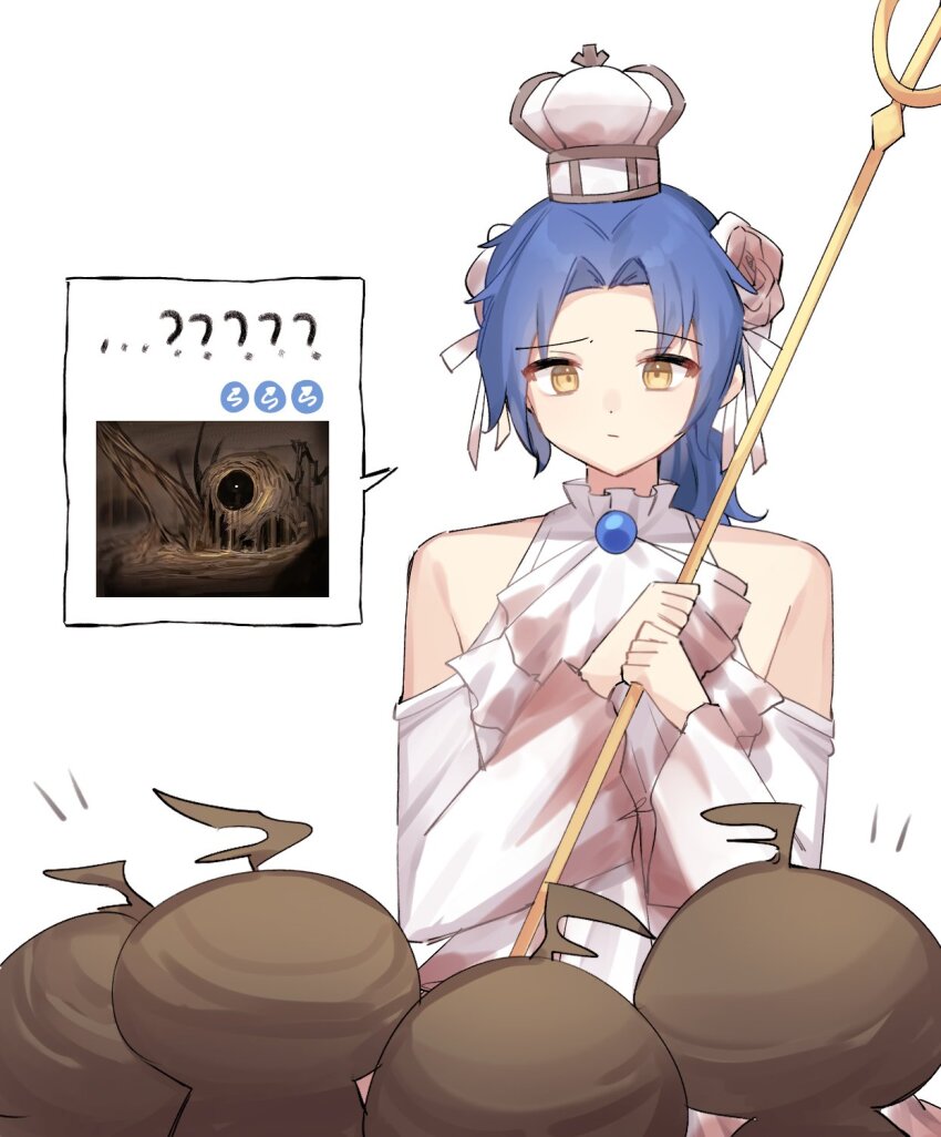 1boy, ascot, bare_shoulders, blue_hair, brooch, chesed_(project_moon), crossdressing, crossdressing_(mtf)