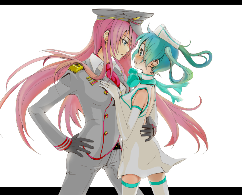 2girls, aqua_eyes, aqua_hair, hat, hatsune_miku, highres, keepout, letterboxed