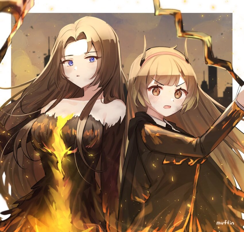 2girls, 4th_match_flame_(e.g.o), ascot, bare_shoulders, black_ascot, black_cape, black_dress, black_gloves