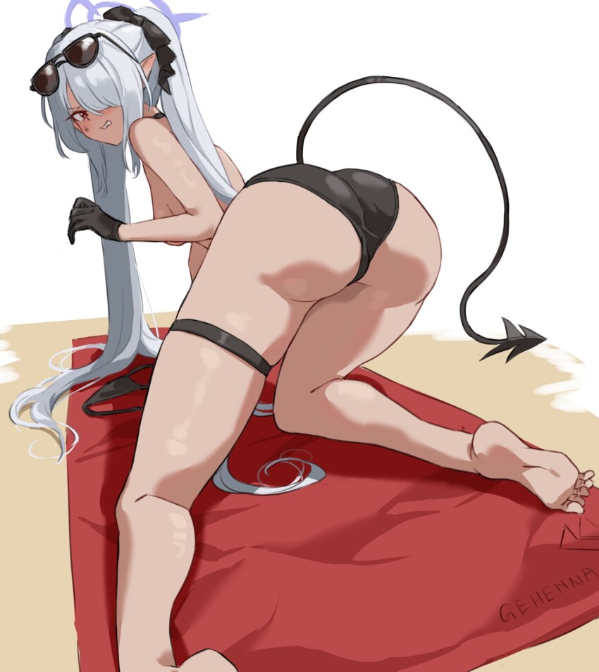 1girl, 8_(mmm_st_bbb), ass, ass_focus, beach_towel, bikini, unworn_bikini_top, black_bikini