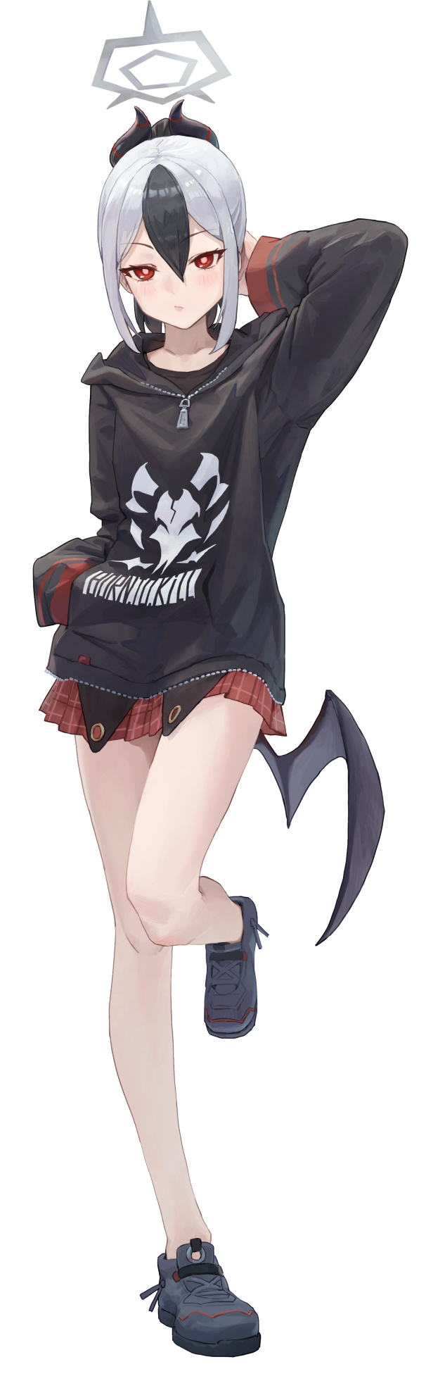 1girl, arm_up, black_footwear, black_hair, black_hoodie, black_wings, blue_archive, bright_pupils