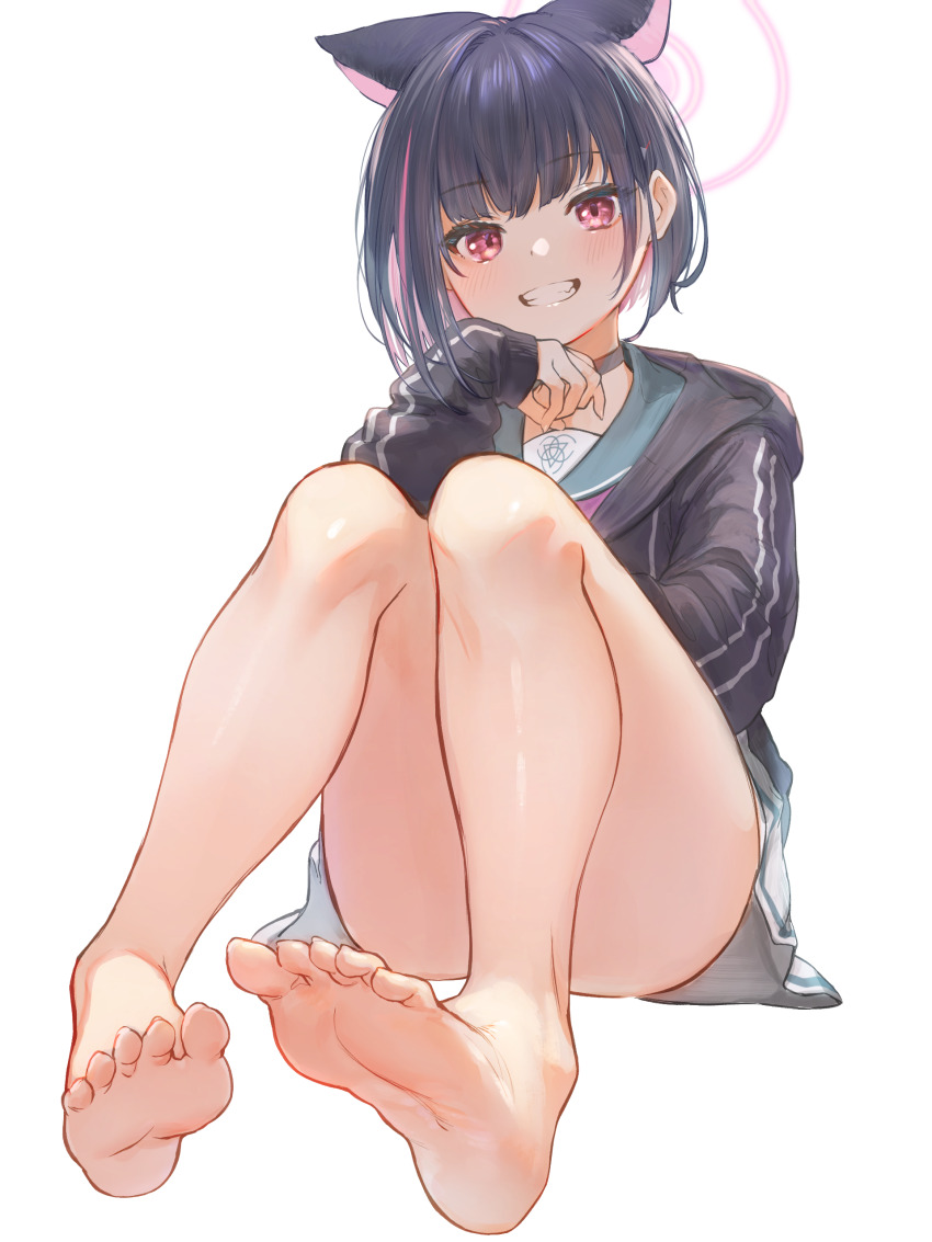 1girl, absurdres, animal_ears, bare_legs, barefoot, black_choker, black_hair, blue_archive