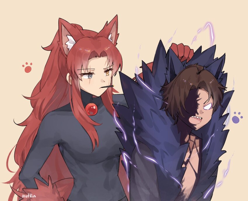 1boy, 1girl, alleyway_watchdog_(project_moon), animal_ears, big_and_will_be_bad_wolf, black_sweater, brooch, brown_hair, cigarette, cobalt_scar_(e.g.o), e.g.o_(project_moon), electricity, gebura_(project_moon), gem, heathcliff_(project_moon), heterochromia, jewelry, library_of_ruina, limbus_company, long_hair, long_sleeves, love_mintchoco, parted_bangs, pink_background, project_moon, red_gem, red_hair, sidelocks, simple_background, sweater, telepole_(e.g.o), turtleneck, turtleneck_sweater, very_long_hair, wolf_ears